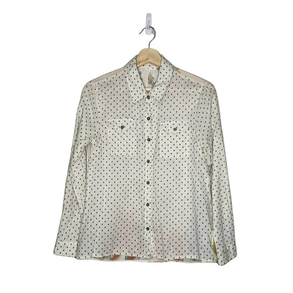 EN Creme Multi Print Blouse Womens Small S Button Up Roll Tab High Low Colorful - Picture 1 of 12